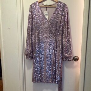 Mango Shimmering Sequin Long Sleeve Dress in Lavender
